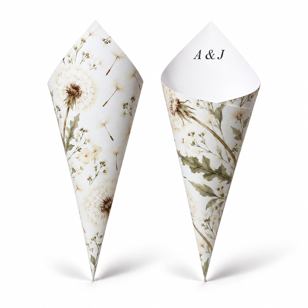 20 - Dandelion Personalised Confetti Cones With Holder + 2L of Petals