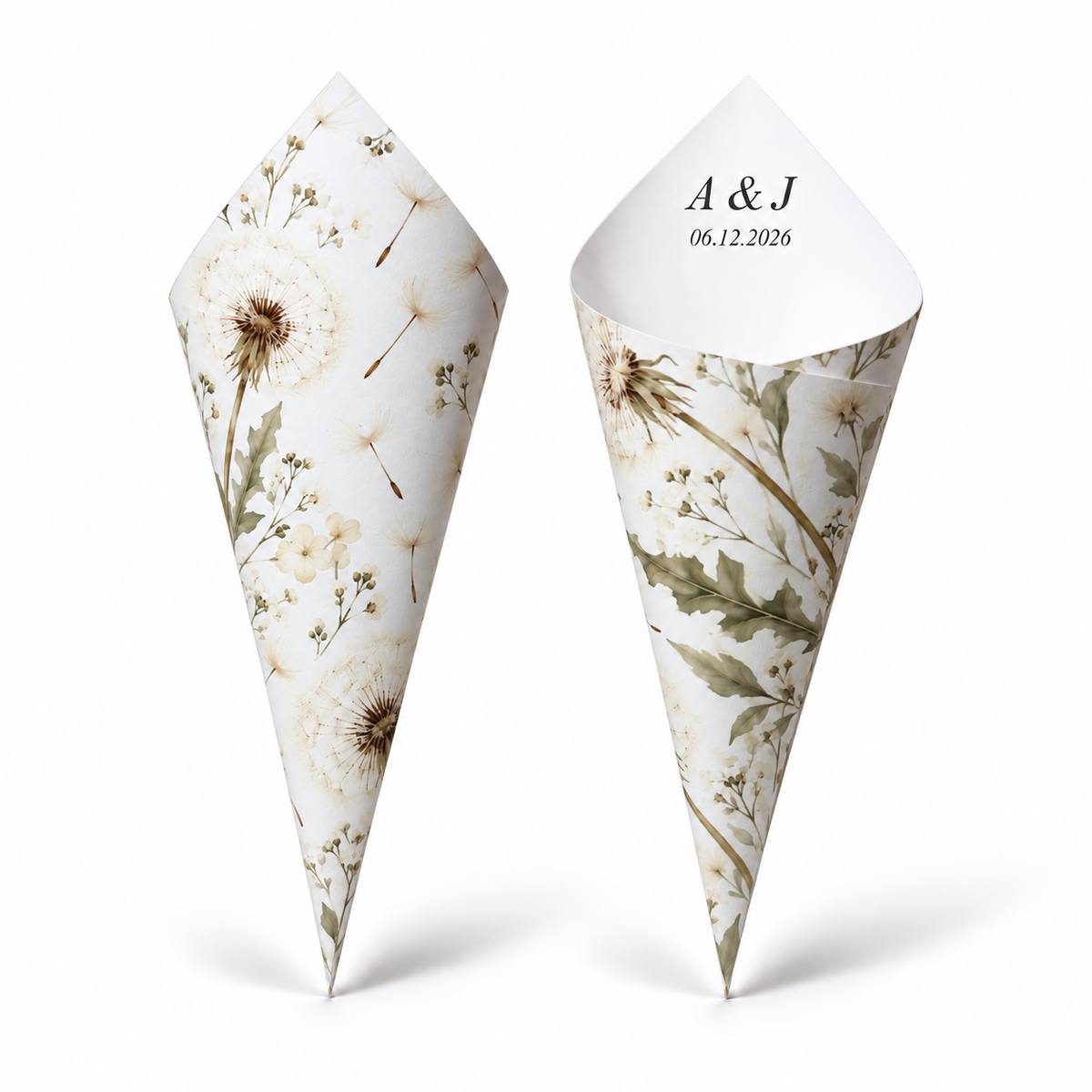 20 - Dandelion Personalised Confetti Cones With Holder + 2L of Petals