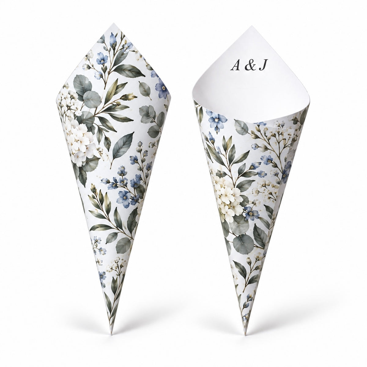 20 - Blue Meadow Personalised Confetti Cones With Holder + 2L of Petals