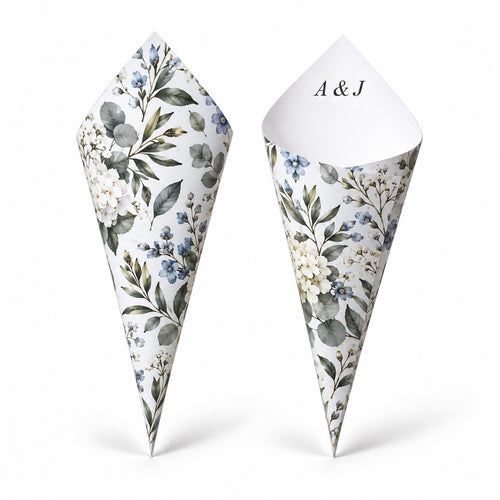 20 - Blue Meadow Personalised Confetti Cones With Holder + 2L of Petals