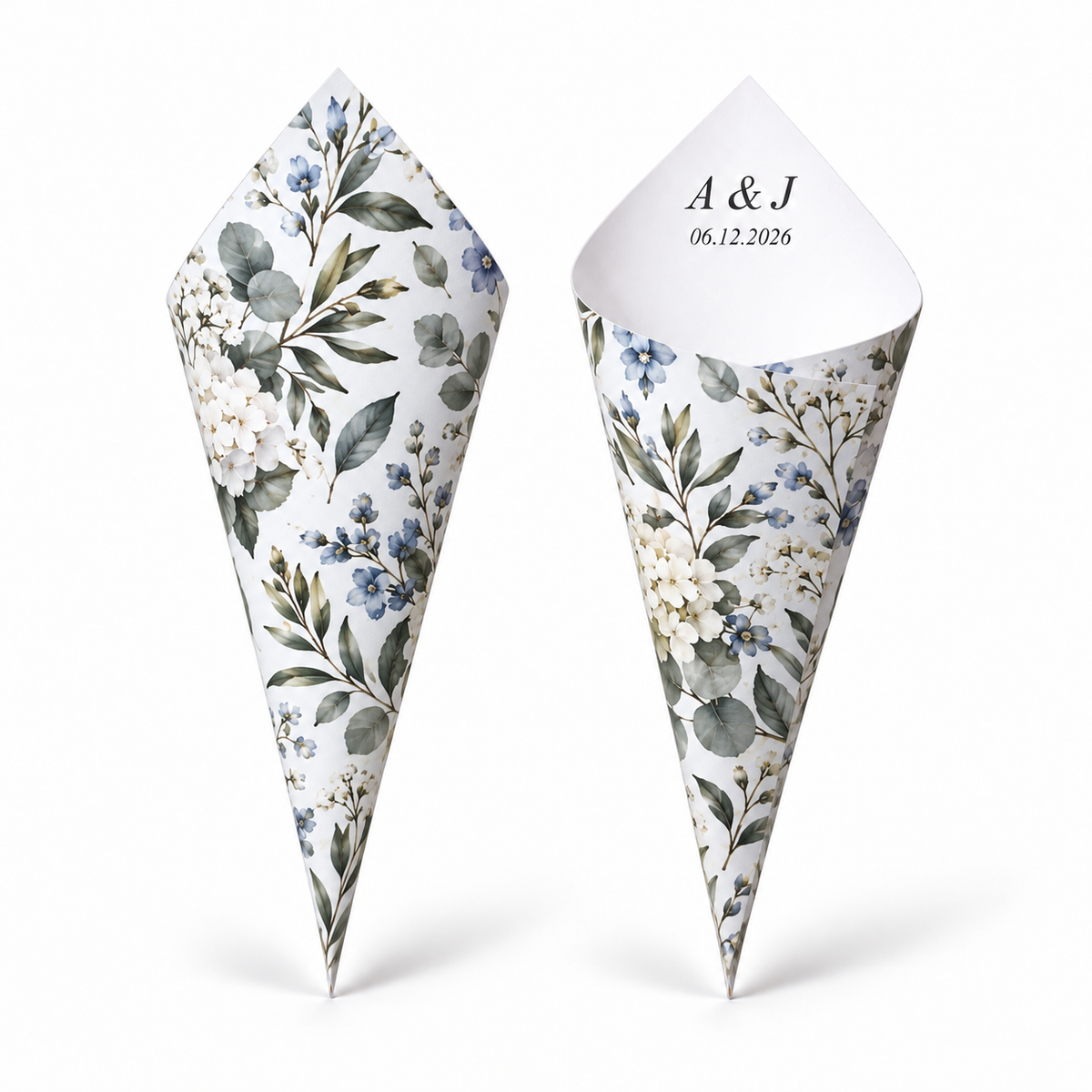 20 - Blue Meadow Personalised Confetti Cones With Holder + 2L of Petals