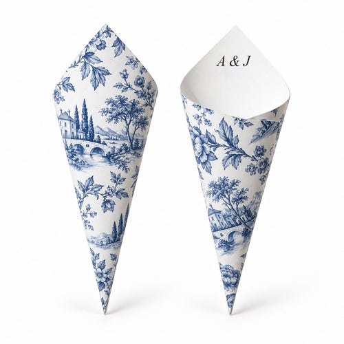 20 - Blue Toile Personalised Confetti Cones With Holder + 2L of Petals