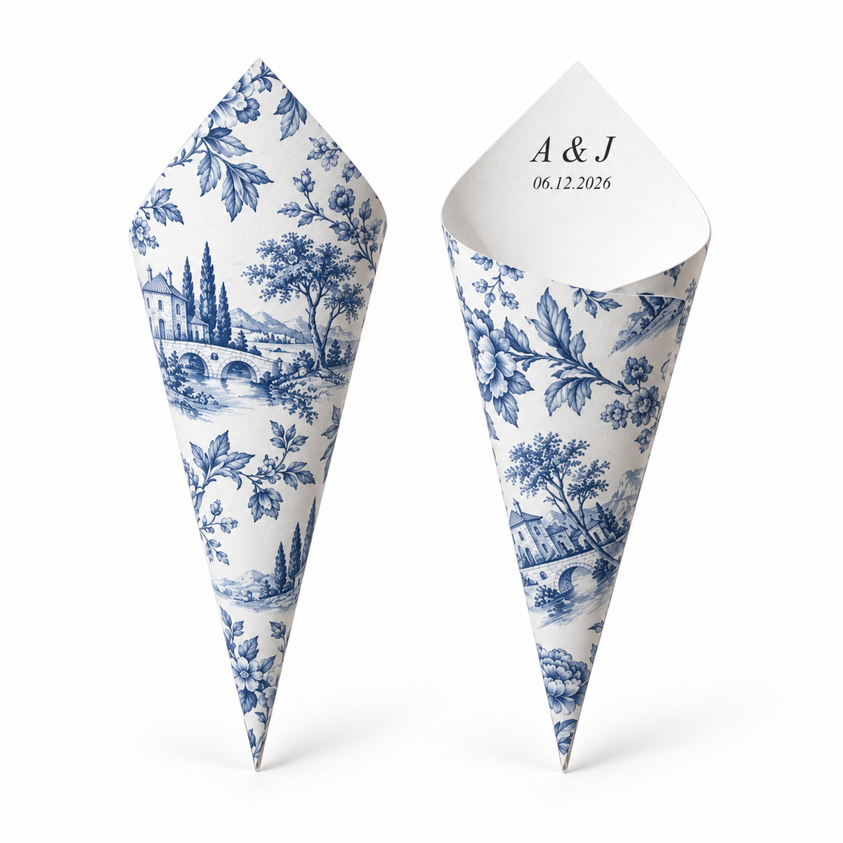 20 - Blue Toile Personalised Confetti Cones With Holder + 2L of Petals