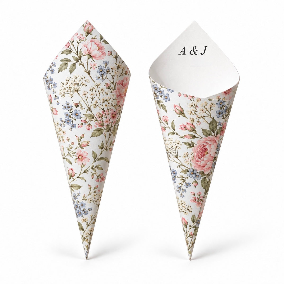 20 - Vintage Wildflower Personalised Confetti Cones With Holder + 2L of Petals