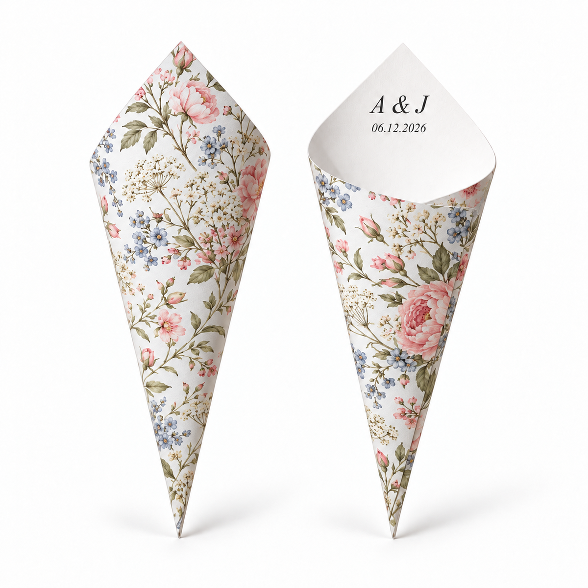 20 - Vintage Wildflower Personalised Confetti Cones With Holder + 2L of Petals