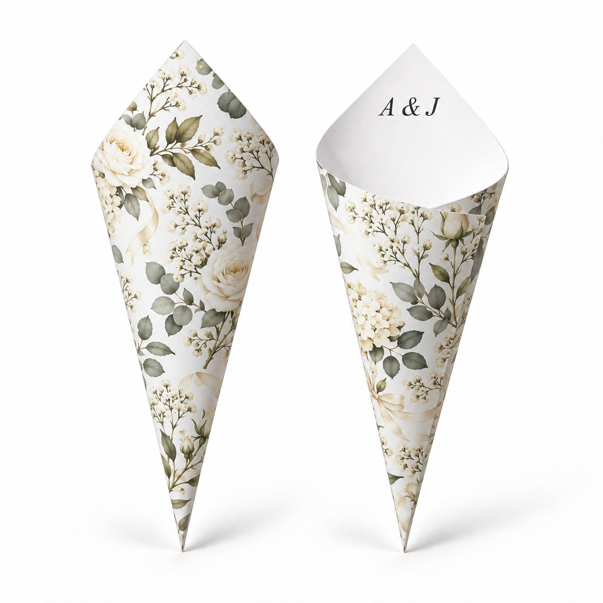 20 - White Rose Personalised Confetti Cones With Holder + 2L of Petals