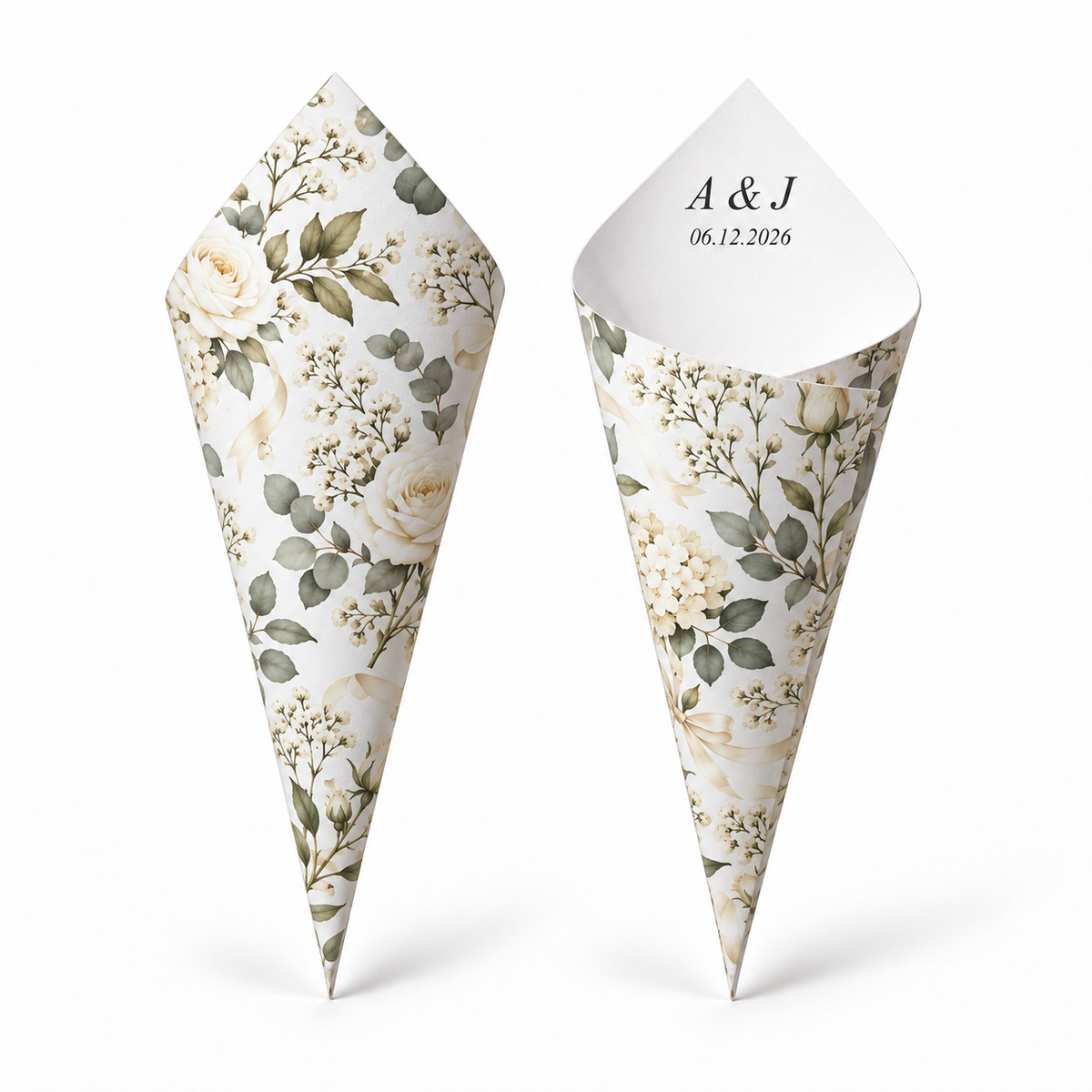 20 - White Rose Personalised Confetti Cones With Holder + 2L of Petals